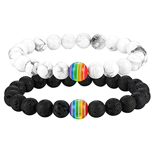 Flongo Partner Armbänder Energiearmband Energie LGBT Armband Regenbogen Streifen Gay Pride Schwul Homosexual Homosexuell Lava Türkis Stein Mala Kugel Perle Herren,Damen Accessoires 2 Stück Set