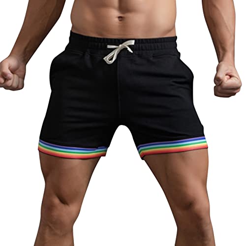 Mymyguoe Regenbogen Gestreiftes Badeshorts Herren Pride Shorts Schnelltrocknend Strandshorts LGBT Gay Pride Flag Regenbogen Kurze Hosen Pride Month 2025 Geschenke Laufshorts