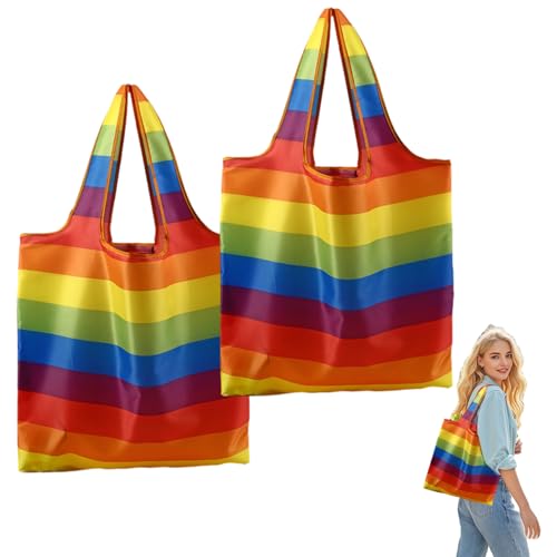 Regenbogen Handtasche Faltbar, Bunt, Großer Einkaufstasche, Oxford-Stoff, 2 Stück, 46x41x25cm, Tragbar, Umweltfreundlich