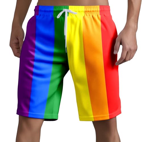 Herren Kurze Hosen Regenbogen LGBTQ Stolzmonat Sportshort Gay Pride Streifen Rainbow Bermudashorts Leichte Kordelzug Gerades Bein Shorts Freizeitshort