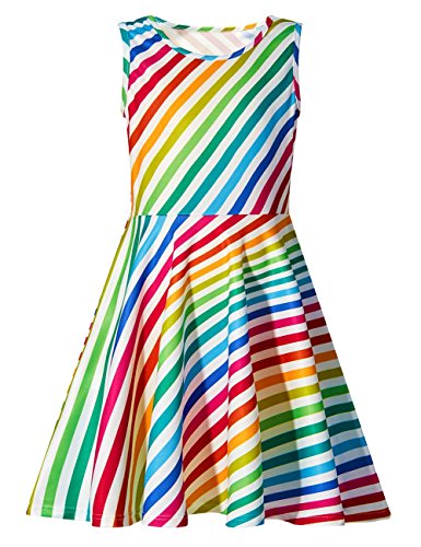 AIDEAONE Mädchenkleid Rainbow A-Linie Ärmelloses Sommerkleid Buntes Kleid 13-15 Jahre, XXL