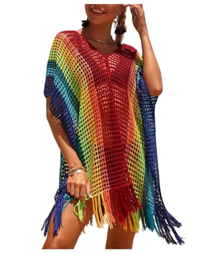Jinsha Damen-Bikini Cover-Up Pareos-Strandkleider Poncho-Gestrickte – Sommer Beach Swimwear Badeanzug Kurze Dress Sexy Mode Boho Elegant Festival Outfit Bikini & Strandkleider Regenbogen für Damen
