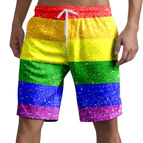 Caxndycing Regenbogen Kurze Hosen Herren Gay Pride Rainbow Flag Sporthose Baggy Freizeithose Atmungsaktiv Sport Shorts LGBTQ Pride Stolzmonat Jogginghose mit Kordelzug Hawaii Laufshorts