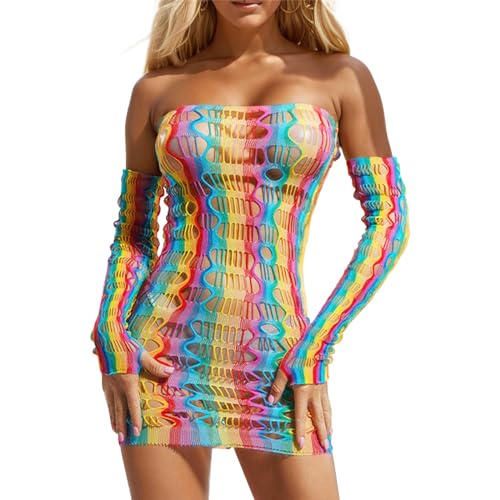 letcdfer Damen Regenbogen Durchsichtig Mesh Kleid，Sexy Rainbow Fishnet Stretchy Swimsuit Cover Up Dress，Mesh Bluse Damen Bodycon Kleid (DE/NL/SE/PL, Alphanumerisch, L, Regular, Regular, Stil 4)