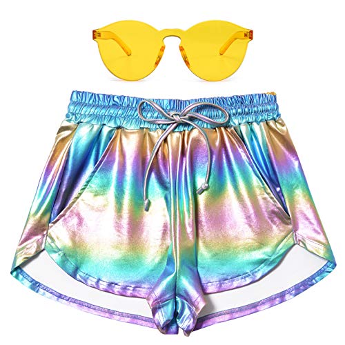 Perfashion Damen Metallic Shorts Sommer Sparkly Hot Outfit Glänzende Kurze Hosen, Regenbogen, Klein
