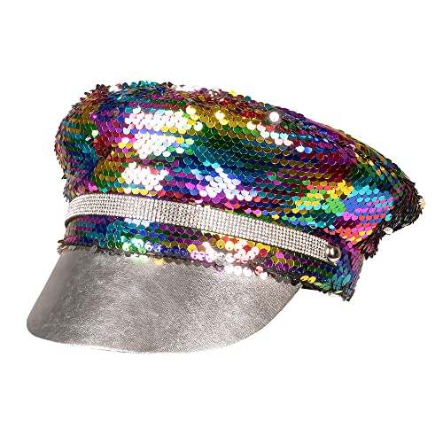 Boland 44759 – Regenbogen-Mütze mit Wende-Pailletten, Silber oder Mehrfarbig, für Erwachsene, Kopfbedeckung, Hut, CSD, Karneval, Mottoparty